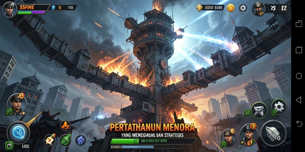 Tangkapan layar gameplay 55FIVE dengan menara yang siaga.