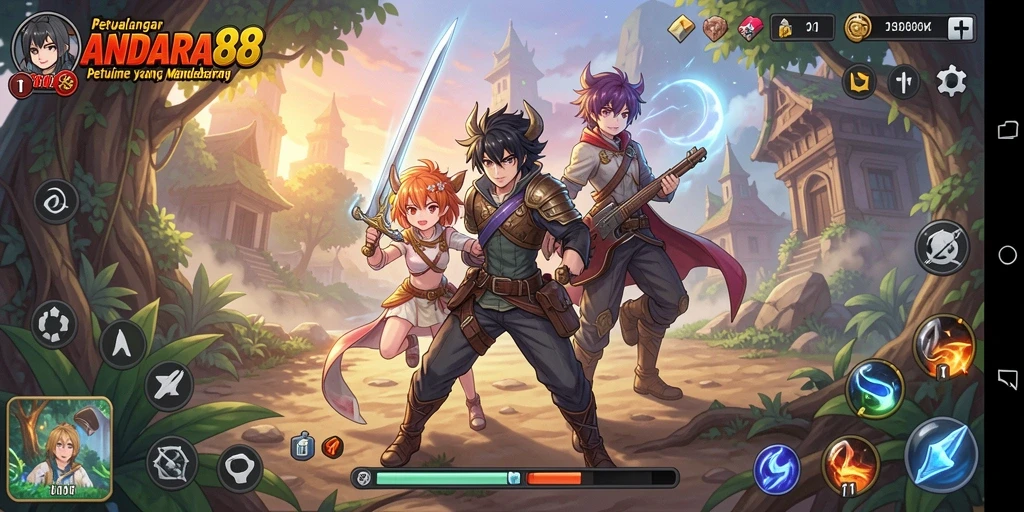 Screenshot ANDARA88 menampilkan karakter Anime yang beraksi di medan perang.