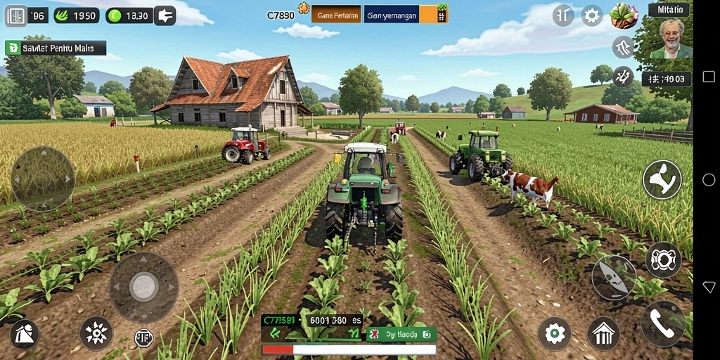 Tangkapan layar game C7890 menampilkan aktivitas bertani yang seru dan grafis menarik.