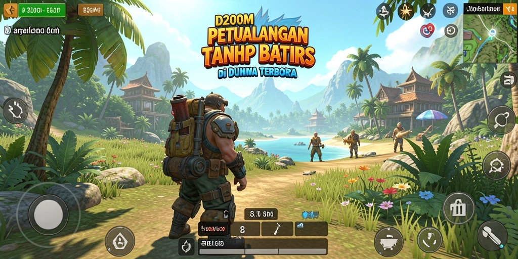 Screenshot gameplay D200M menampilkan petualangan di dunia terbuka.