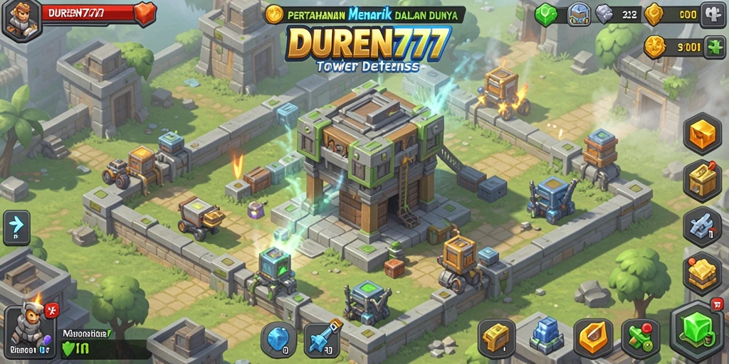 Screenshot gameplay menampilkan aksi menara dan pertahanan yang intens.