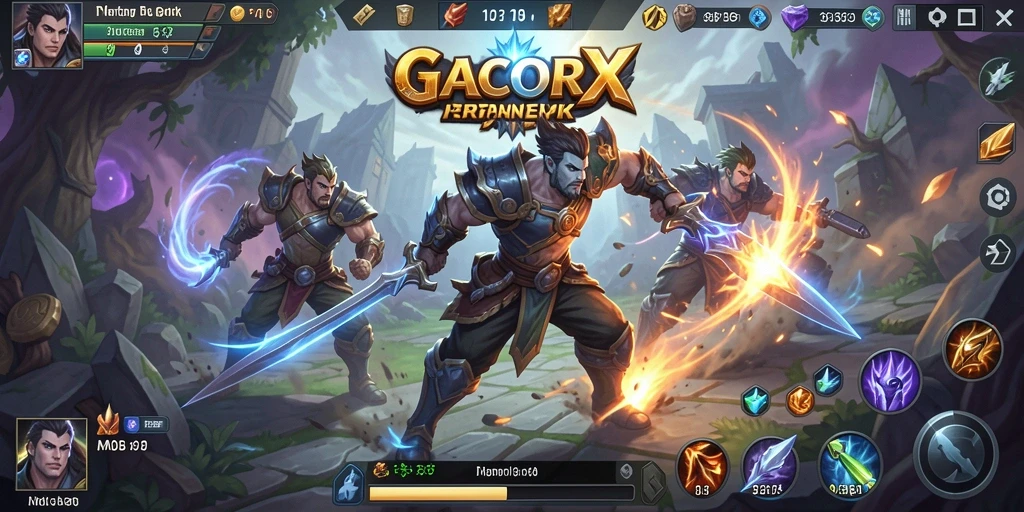 Screenshot GACORX menampilkan aksi pertarungan tim yang mendebarkan dalam arena.