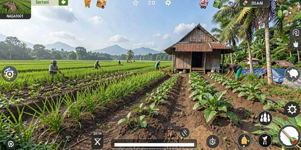Tampilan gameplay NAGA1001 dengan ladang hijau dan berbagai tanaman.