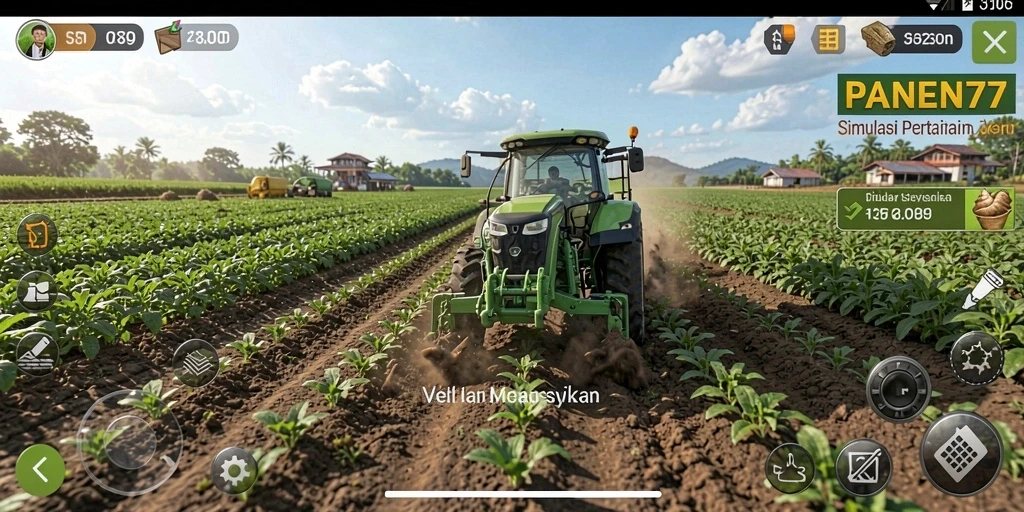 Screenshot utama PANEN77 menampilkan ladang yang subur dan ramah untuk bertani.