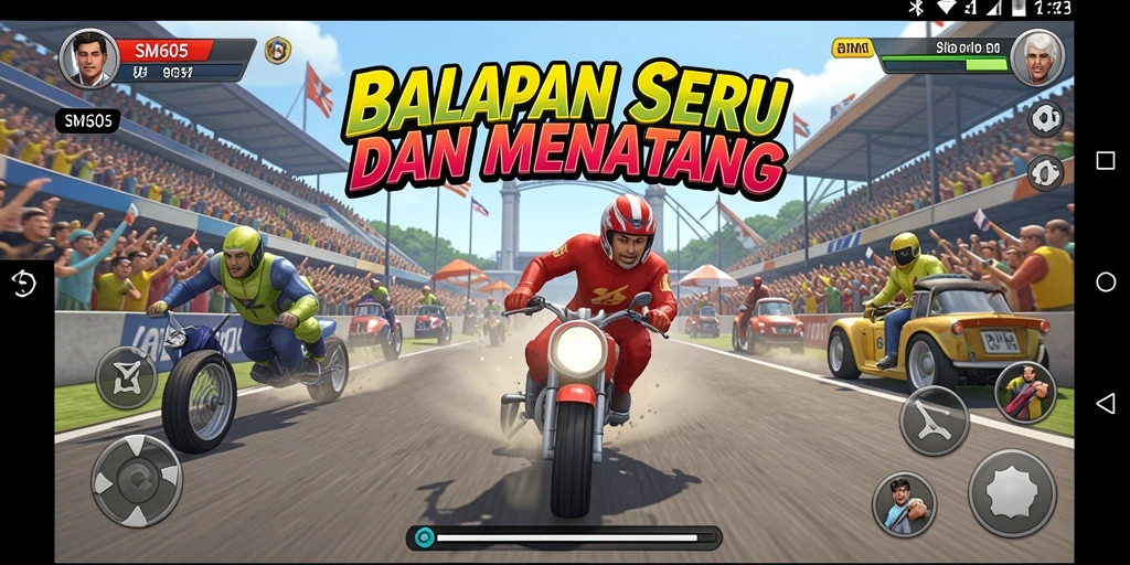 Screenshot gameplay SM605 yang menunjukkan balapan mendebarkan.